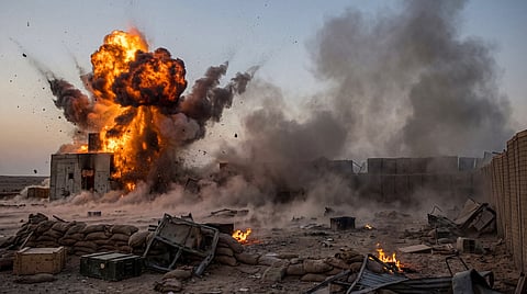 Powerful explosion erupting from a building during military operations, with intense fire, smoke.