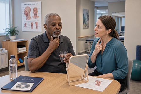 head and neck cancer survivor practices swallowing exercises with a speech therapist using a mirror and water during rehabilitation