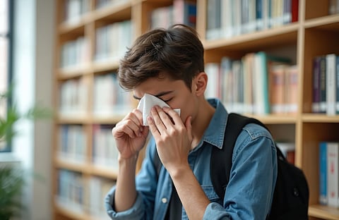 Estudiante estornudando en la escuela, alergias