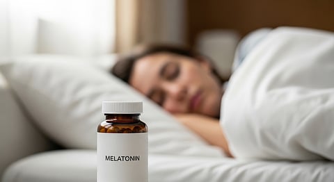 Adolescente, mujer joven durmiendo en la cama junto a un frasco de melatonina.