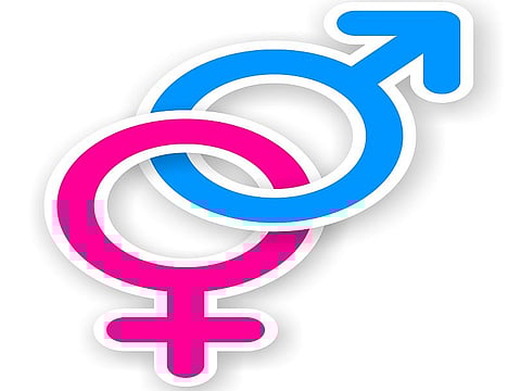 sticker of pink and blue female and male sex symbol with shadow
