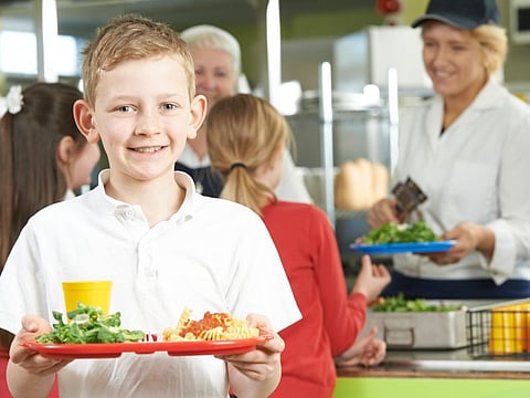 Male Pupil With Healthy Lunch In School Cafeteria