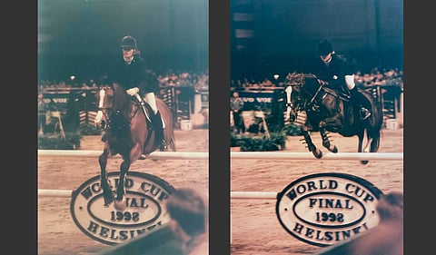 HIHS 1996 nuorten ratsastajien luokka. Marjut Paasio ja Merry Excuse (oikealla) sekä Teija-Leena Sarajärvi ja Firefight xx