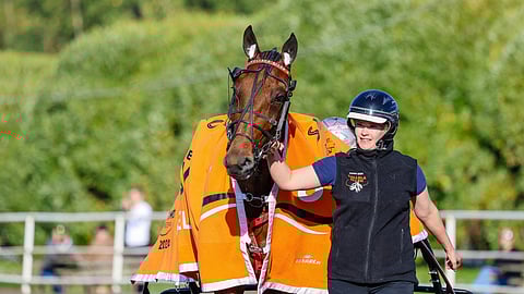 Ravihevonen Callela Ellen ja sen hoitaja Johanna Kyläkoski Derbyn esittelyssä