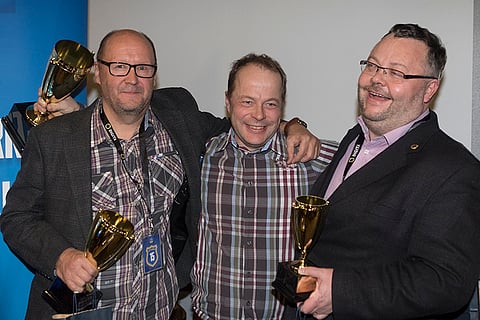 TotoSM-finaalin kärkikolmikko Risto Lampinen (kesk), Arto Kärnä (vas), Kari Linna (oik).