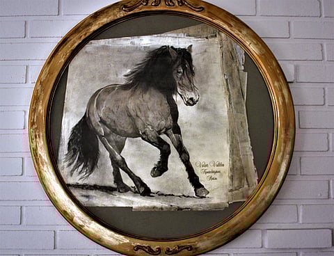 Jyrki Siivosen voittajateoksen Pyöreitävuosia 2017 mallina on ollut suomenhevosori Valon Veikka.