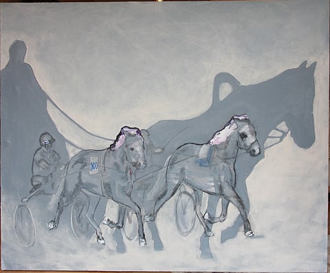 Yksi Pitkäjärven vapaa-ajankeskuksessa esillä olevan taidenäyttelyn finalistitöistä on turkulaisen Rosa Helinin Hevos Voimaa (100hv/hp).