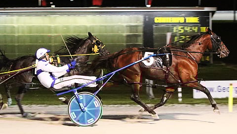 Suomen Mika Forss maalissa ensimmäisenä hevosella, jonka tuomaristo siirsi toiseksi viimeisen kaarteen kuvanauhojen perusteella tiistaina Georgian Downsissa. Jatkossa hän siirtyy Ontariosta seuraavaksi Quebecin MM-osalähtöihin. Kuva: Ilkka Nisula