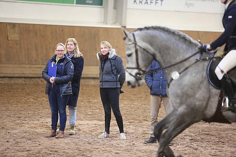 Tuomariston edustajat katsoivat perjantaina muikeina kun Susanna Granroth hyppäsi 120-esteitä Celantuksella. Kuvassa Minna Mäenpää, lautakunnan puheenjohtaja Anna Pajanen ja lauantain testiratsastaja Nina Fagerström.