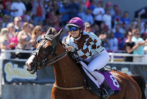 Be Mine de Houelle hallitsi jälleen montéssa. Kuvassa se kiitää Solvallassa ME:n 09,8a/1609 metriä. (Kuva: Jarno Unkuri)