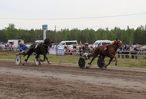 Peter Lindroos tuuletti Kokemäen yleisölle Vilperi-ajon voittoa. Hallitseva ravikuningas Köppinen ja Kari Rosimo kirivät toiseksi.