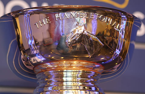 Hambletonianin arvokkaasta voittokulhosta pääsee juomaan juoksun pääteeksi raikasta vettä kilpailun 94. voittajahevonen. Kuva Totofoto