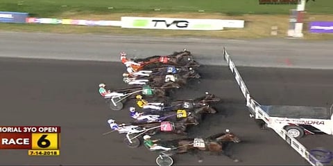 Six Pack kiihdytti uloimmalta lähtöradalta lujaa matkaan. Se seurasi takasuoralla jonossa kolmantena ja aloitti vastustamattoman voittomarssinsa viimeisessä kaarteessa. Kuva Meadowlandsin kilpailuvideo