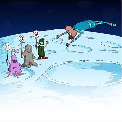 Kuviokellunta kuin toiselta planeetalta.  Kuvitusta kirjasta Ferro S – Hevonen joka hyppäsi Kuusta, kirjoittajana Pauliina Swindells, kuvittajana hänen ystävänsä, taiteilija Laura Dansone.