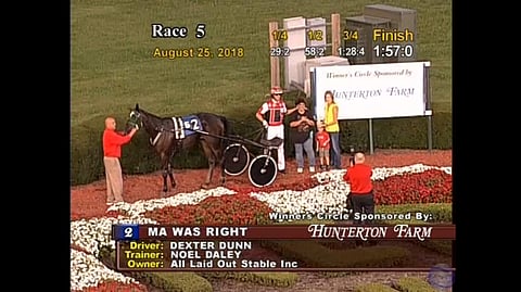 Ma Was Right poseerasi voittokuvissa Uuden-Seelannin Dexter Dunnin ja hevosenhoitaja Vicky Wrightin kanssa. Kuva Red Mile live video