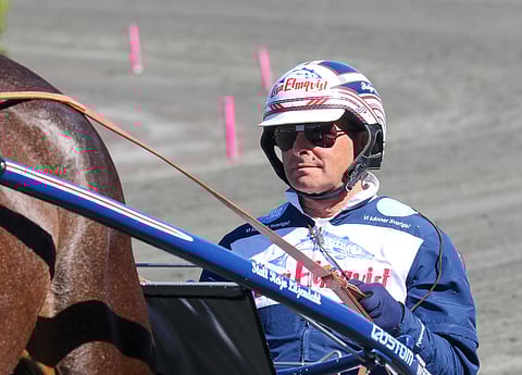 Reijo Liljendahlin valmentama Manny Muscle juoksee Svenskt Trav-Kriteriumin finaalissa. Kuva: Anu Leppänen