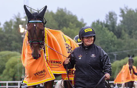Sanna Utala pitelee Piece Of Glorya derbyn esittelyssä. Kasvattajakruunussa tammassa on ideaa.