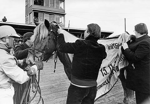 Vonkaus ja Evert Ryyttäri viimeisen lähtönsä seremonioissa 13.11.1977. Ruuna menehtyi 18-vuotiaana kotitallissaan Karttulassa ähkyyn heinäkuun 10. päivä 1979. Tänään 5.4. 2021 sen syntymästä tulee kuluneeksi 60 vuotta. HU arkisto.
