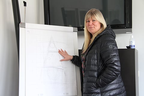 Karolina Liuksiala esittää fläppitaululta NIKA Academyn ideaa.