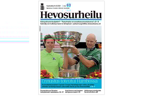 Sarah ja Åke Svanstedt pääsivät nostamaan Hambletonianin pokaalin ilmaan Captain Coreyn voitettua klassikkokilpailun. Kannen kuva: Adam Ström Stalltz