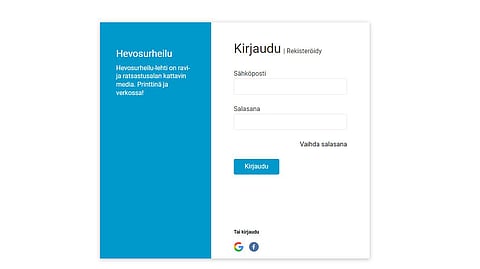 Aloita tästä. Mene hevosurheilu.fi:n oikeaan yläkulmaan ja klikkaa kirjaudu/ihmishahmologoa. Ensimmäisellä kerralla valitse Rekisteröidy-kohta ja toimi ohjeen mukaan.