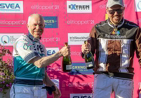 Örjan Kihlström ja Daniel Redén juhlivat Don Fanuccin Zetin Elitloppet-voittoa 2021.