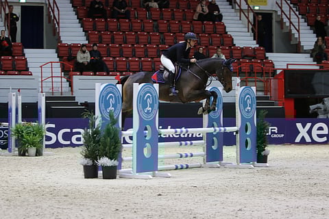 Maija Yli-Huhtalalla oli 4-vuotisluokassa kaksi ratsastettavaa, jotka molemmat palkittiin ykkösellä. Kuvassa FWB-tamma Del-Chrissy.