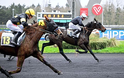 Ranskalaiset ammattikuskit hallitsevat kehonsa ja pitävät ratsastusasennon paketissa maaliin asti. Loppusuoran taistossa kuskit ovat nostaneet kantapäänsä ylös kirittääkseen hevosiaan.