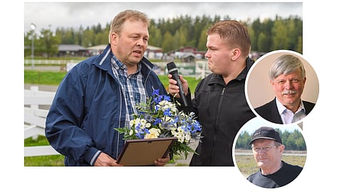 Vannoutuneena suomenhevosmiehenä tunnetulle Harri Voutilaiselle Suomen Hippoksen myöntämä kultainen ansiomerkki luovutettiin Kuopion suomenhevosraveissa 5. syyskuuta. Pienissä kuvissa Kari Haapiainen (yllä) ja Markku Nisula.