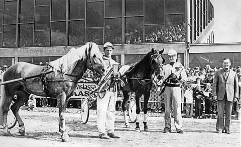 Puke ja Pauli Teppola Suomi-Derbyn juhlallisuuksissa. Mukana lämminveristen voittaja Asterix ja Jorma Meriläinen.