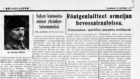 Sota näkyi uutisissa. Syyskuun 1944 lehdessä kerrottiin armeijan hevossairaaloiden röntgenlaitteista.