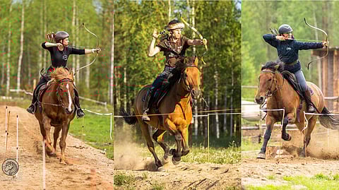 Jenni Tommila ja suomenhevonen Larvan Hempukka (vas.), Valtteri Männikkö ja suomenhevos-arabiristeytys Ein Valtter (kesk.), ja  Anni Jauhiainen ja suomenhevonen Prinsessa Annika (oik.). 