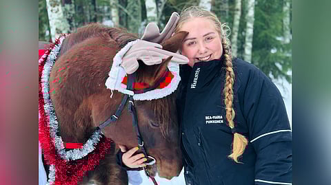 Bea-Maria Puikkonen poseeraa yhdessä oman hevosensa Väyrylän Hermannin kanssa jouluisessa kuvassa.