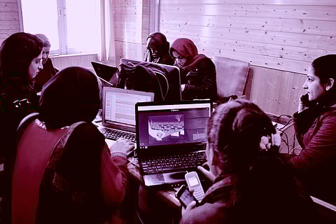 Women journalists at the government-run media facilitation center in Kashmir during the lockdown. Photo courtesy of Masrat Zahra.
