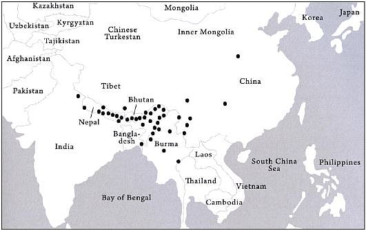 Geographical distribution of the major Trans-Himalayan<br />subgroups. Each dot represents not just one language, but the putative<br />historical geographical centre of each of 42 major linguistic subgroups.<br />Credit: George van Driem