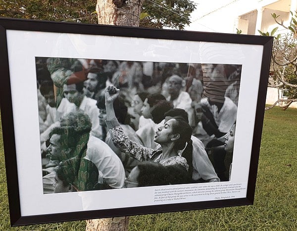 Shahidul Alam's iconic image of singer and performer Smriti Azad protesting at a rally at Shaheed Minar in 1994.