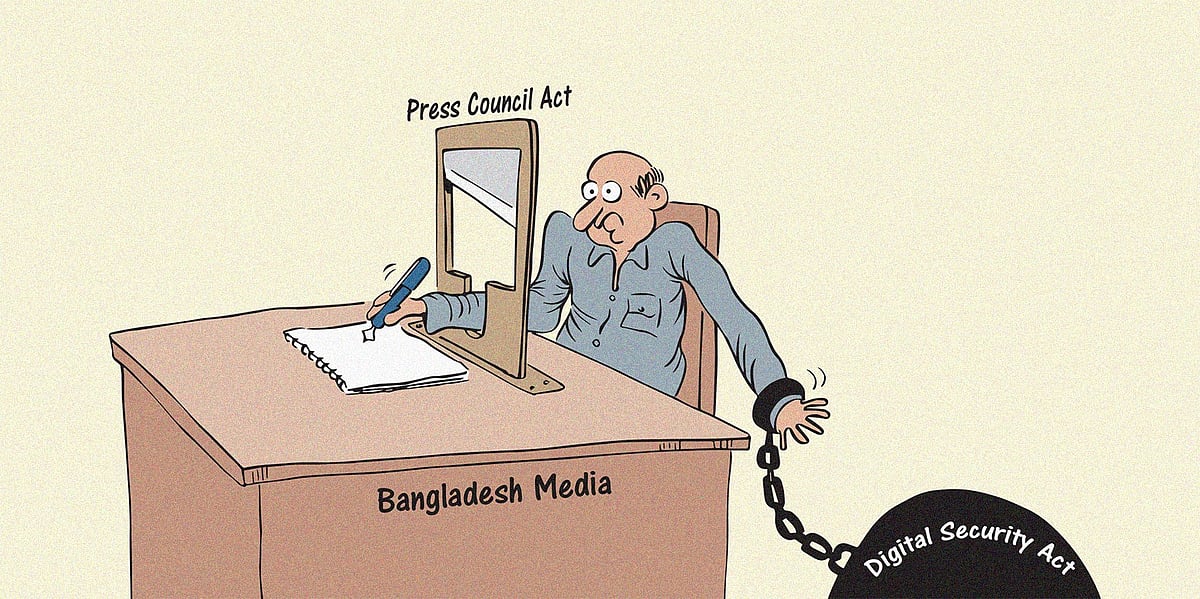 Journalists have already voiced concerns about proposed amendments to Bangladesh's Press Council Act, given the use of the Digital Security Act to crack down on dissent. Cartoon by Gihan de Chickera.