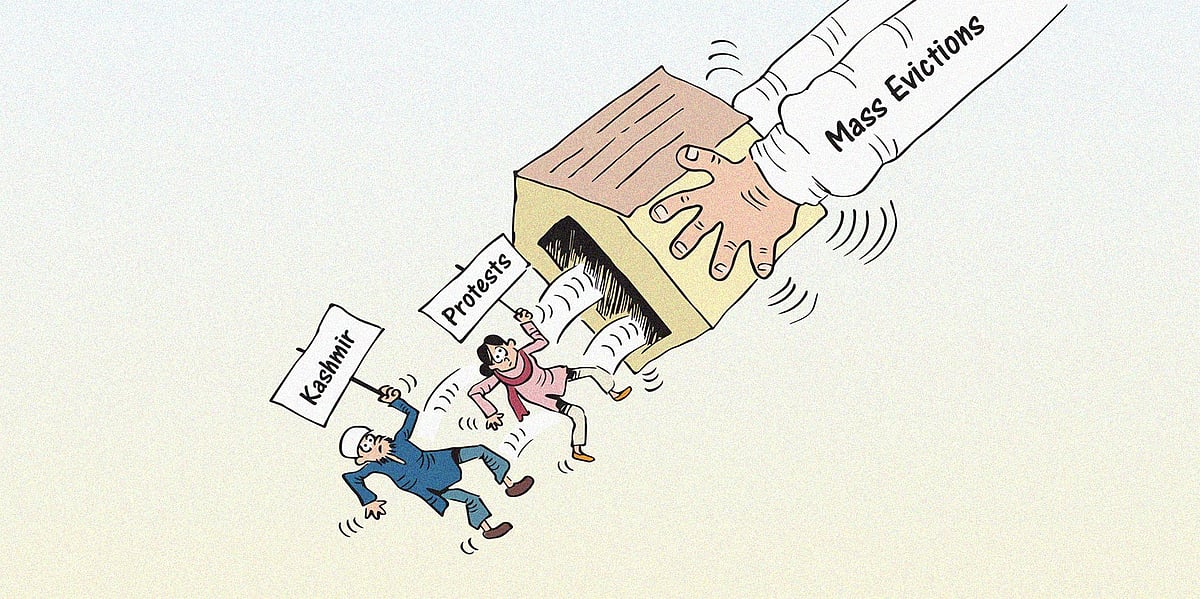 Protests against the ongoing eviction drive in Jammu and Kashmir. Cartoon by Gihan de Chickera.