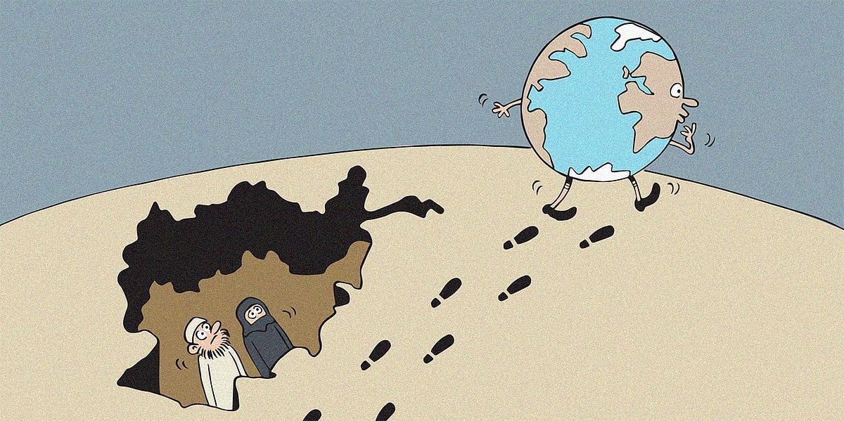 The impacts of the Afghan crisis are deeply gendered – cutting aid will exacerbate the impact on women. Cartoon by Gihan de Chickera.