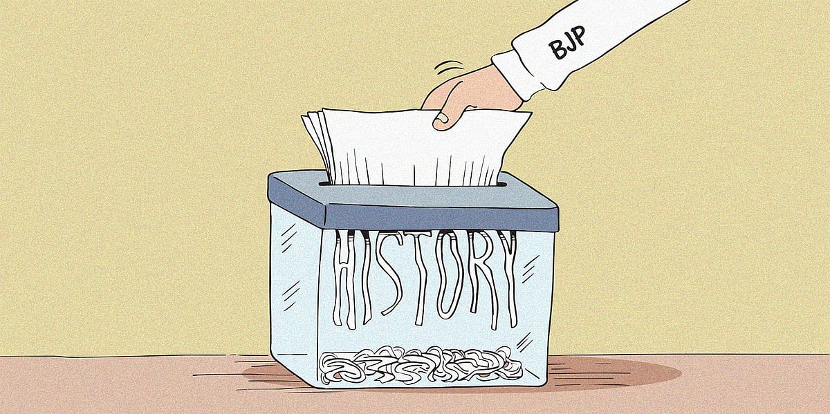 The sections being erased from textbooks include the achievements of Mughal emperors, details of Gandhi's assassination, and the 2002 Gujarat riots. This is not the first time such erasures have taken place. Cartoon by Gihan de Chickera