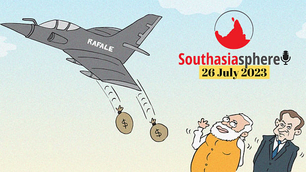 While Modi was being honoured in Paris, the Paris magistrate court sent a request to Indian officials asking for cooperation in an ongoing investigation into a previous purchase of French Rafale fighter jets by India. Cartoon by Gihan de Chickera