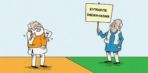 A cartoon of Indian prime minister Narendra Modi looking at Muhammed Yusuf, head of Bangladesh's interim government thoughtfully. Yusuf is holding a placard saying 'extradite Sheikh Hasina'. The two leaders are separated by a dividing line. Modi is standing on a saffron-coloured floor while Yusuf is standing on a dark green coloured floor, representing the two countries. 