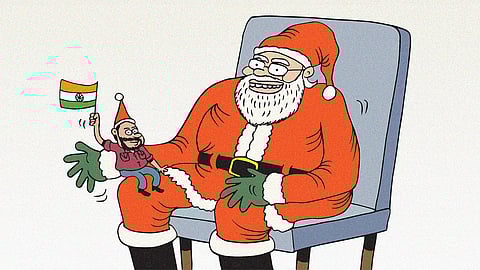 Cartoon of Anura Kumara Dissanayake as a child seated on Modi's lap. Modi is dressed as Santa.