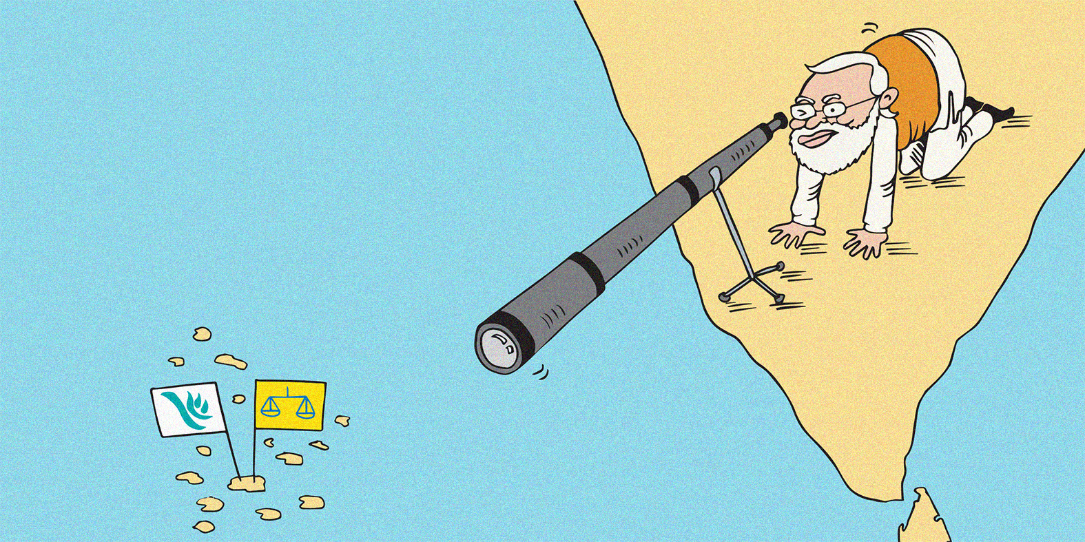 A cartoon of India prime minister Narendra Modi looking at the Maldives through a telescope. The Maldives has two flags sticking out of it - a white flag with the outline of a blue bird which represents the People's National Congress Party and a yellow flag with a set of blue scales which represents the Maldivian Democratic Party. This cartoon is about news that MDP offered India money to impeach Maldivian president Mohamed Muizzu