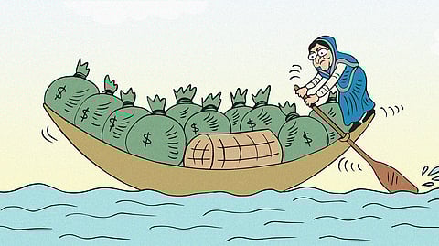 Cartoon showing Sheikh Hasina in a boat filled with bags of dollars. This cartoon is in response to the resignation of UK Economic Treasury Secretary Tulip Siddiq amid allegations of corruption linked to Hasina, who is her aunt. This cartoon is by Gihan de Chickera