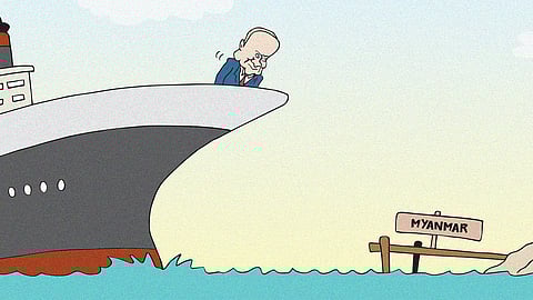 Cartoon of Vladimir Putin on a ship approaching Myanmar. This is after news that Myanmar and Russia signed an agreement for a port and oil refinery