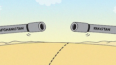 Cartoon showing two guns pointing at each other, one saying Pakistan, and the other Afghanistan, after both countries exchanged fire at Torkham border