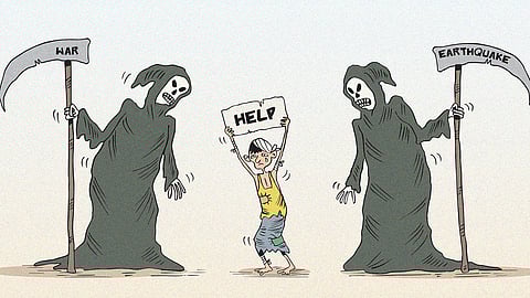 Cartoon shows impact of an earthquake that hit Myanmar, killing over 3000 people. Rescue services were hampered by damaged infrastructure and ongoing civil war