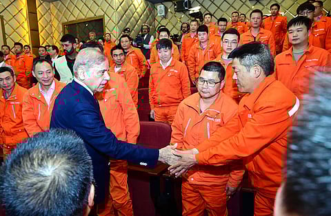 Pakistan’s prime minister Shehbaz Sharif meets Chinese engineers working at the Dasu Hydropower in the northwestern part of the country. In recent years, Chinese projects and personnel in Pakistan have been attacked by militant groups and Baloch insurgents. 