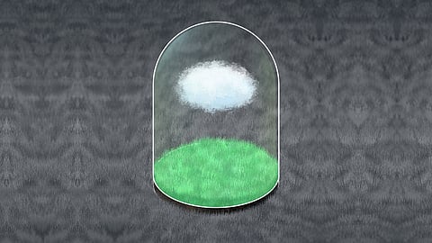 Cloud and green grass in a container surrounded by a bed of grey grass.